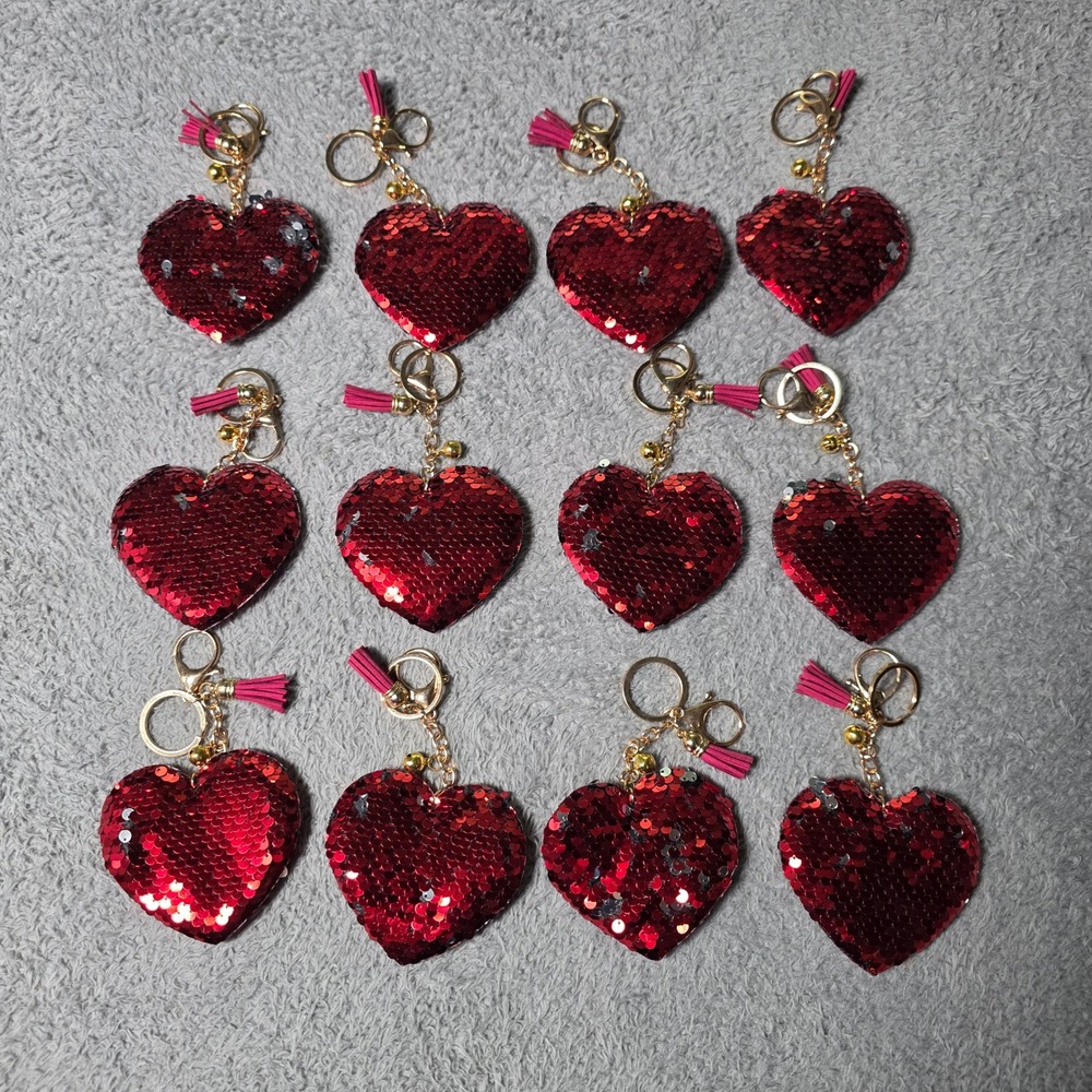 Heart Keychain Red Reversible Sequins Tassel Gold Tone 12pc
